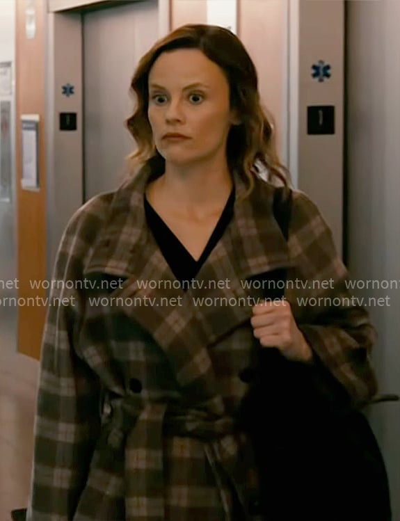 Dr. Caitlin Lenox's brown plaid coat on Chicago Med