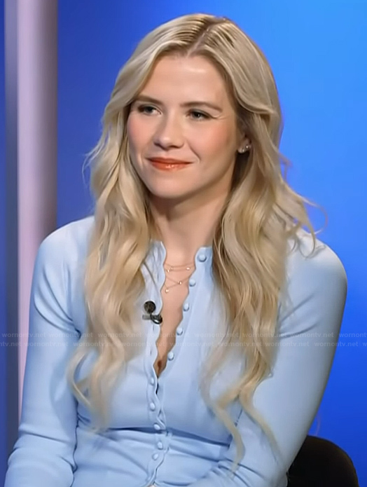 Elizabeth Smart's blue cardigan on Access Hollywood