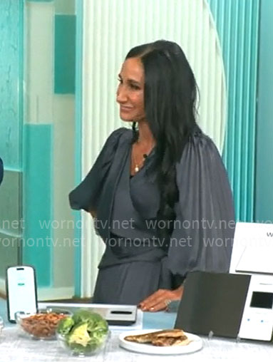 Elizabeth Werner's grey pleated wrap dress on CBS Mornings