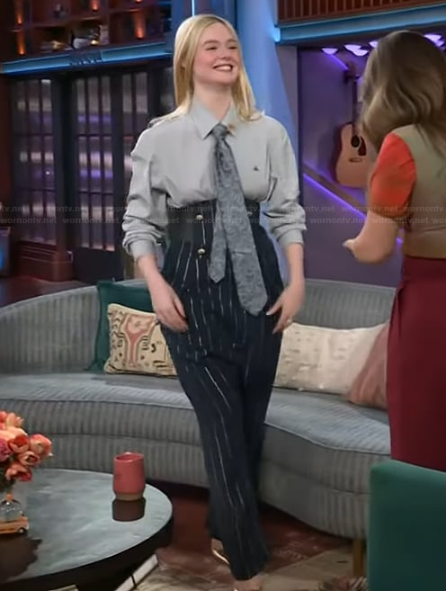 Elle Fanning's pinstripe high-waist pants on The Kelly Clarkson Show