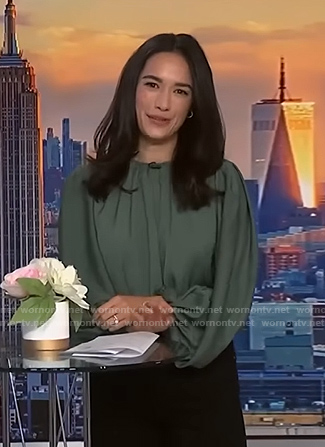 Emilie Ikeda's green long sleeve blouse on NBC News Daily
