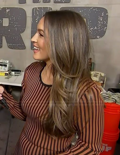 Emily's brown striped dress on Access Hollywood
