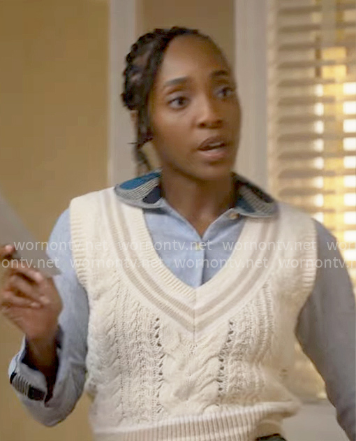 Faith's cable-knit sweater vest and blue embroidered collar shirt on Will Trent