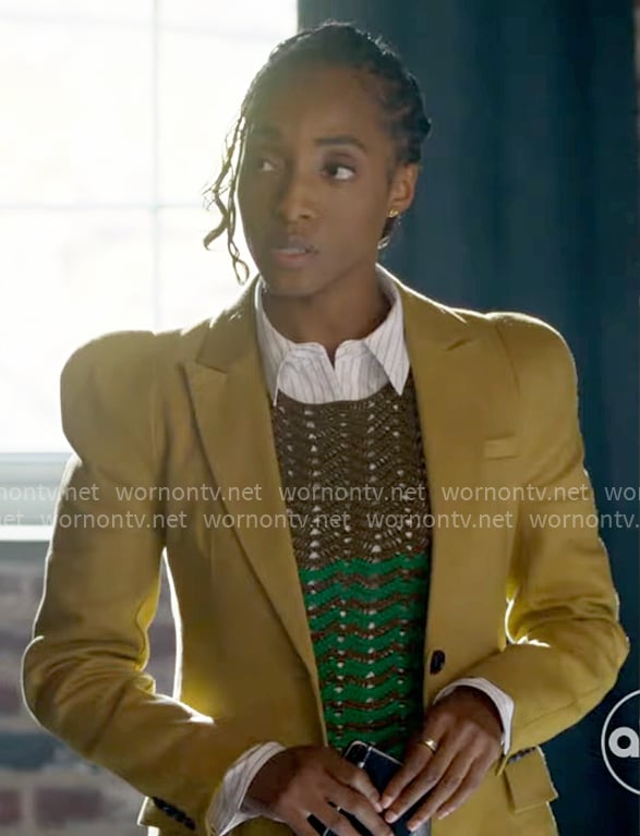 Faith's yellow puff-sleeve blazer and striped knit tank top on Will Trent