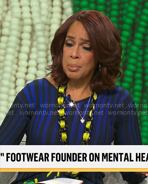 Gayle King's blue and yellow abstract printed dress on CBS Mornings
