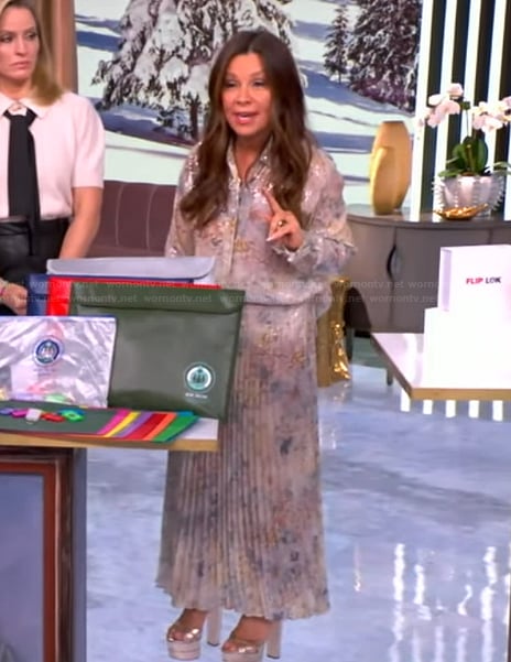 Gretta Monahan's metallic floral blouse and pleated skirt on The View