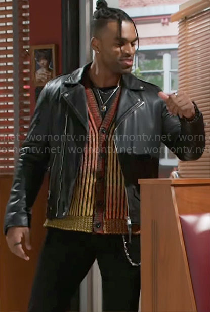 Izaiah's ombre cardigan and leather jacket on Beyond the Gates