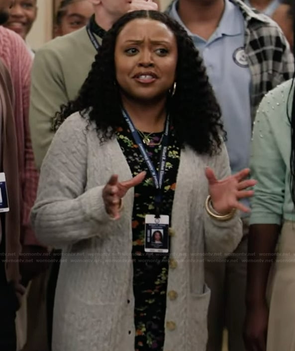 Janine's black floral print dress on Abbott Elementary
