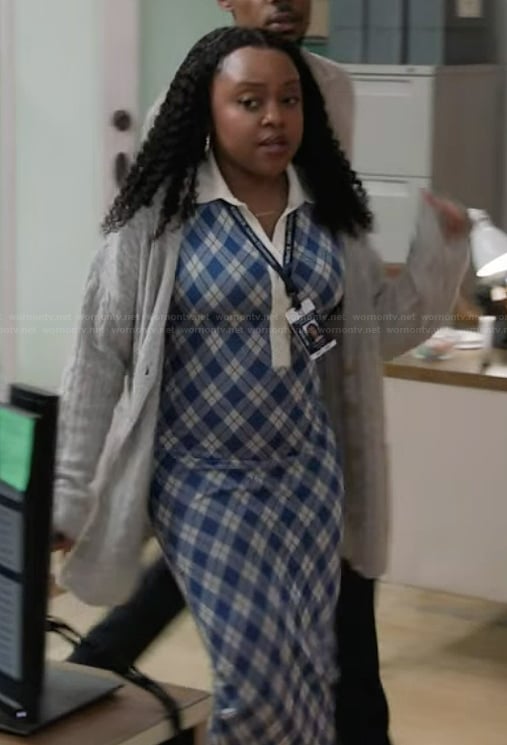 Janine's blue plaid polo dress on Abbott Elementary