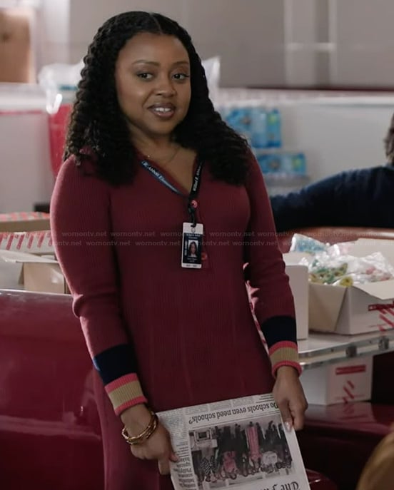 Janine's burgundy long sleeve dress on Abbott Elementary