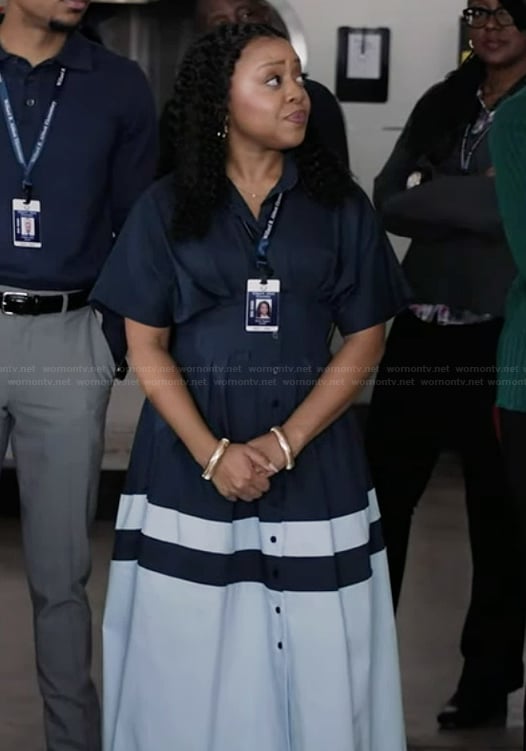Janine's navy stripe dress on Abbott Elementary