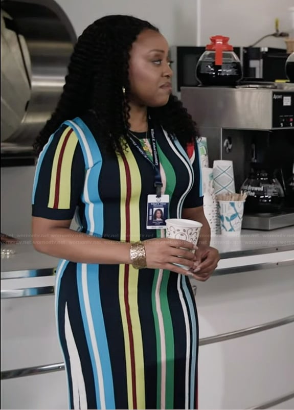 Janine's rainbow stripe bodycon dress on Abbott Elementary