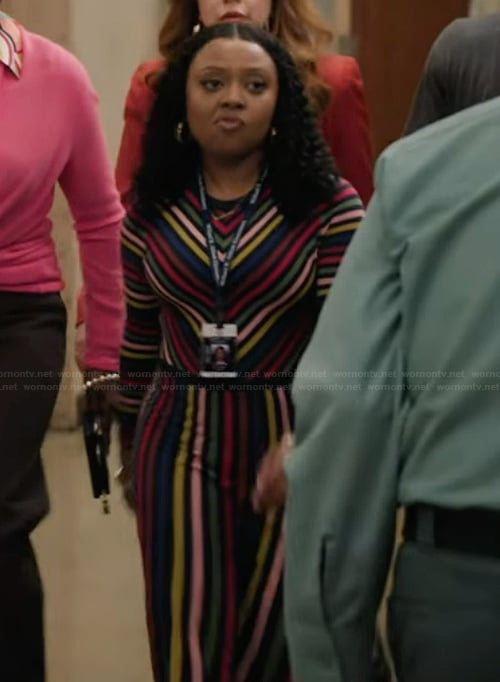 Janine's rainbow stripe dress on Abbott Elementary