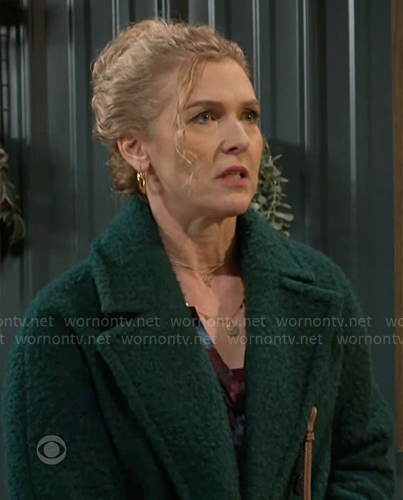 Jan's green boucle coat on Beyond the Gates