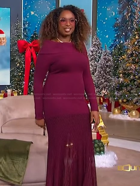 Jennifer's burgundy off shoulder dress on The Jennifer Hudson Show