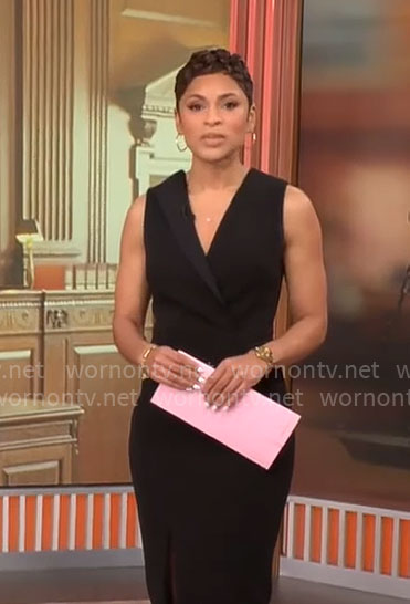 Jericka Duncan's black sleeveless v-neck dress on CBS Mornings