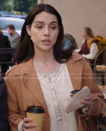 Jules' white henley top and orange cropped trench jacket on Greys Anatomy