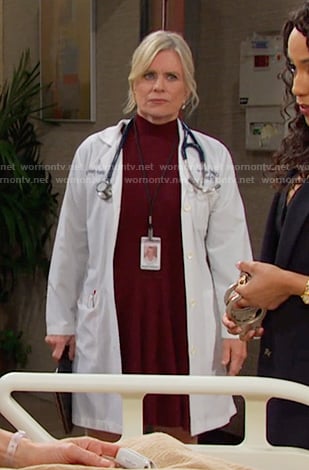 Kayla's red ribbed mock neck dress on Days of our Lives