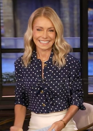 Kelly's blue polka dot print top on Live with Kelly and Mark