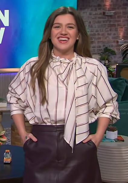 Kelly's stripe tie neck blouse on The Kelly Clarkson Show
