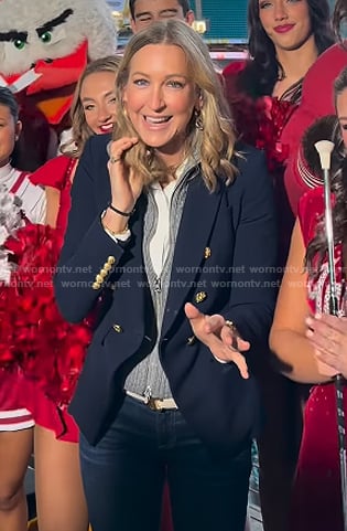 Lara's grey cable knit jacket and navy blazer on Good Morning America