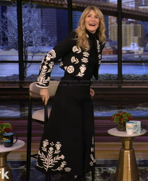 Laura Dern's black floral embroidered jacket and skirt on Live with Kelly and Mark