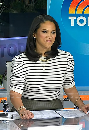 Laura's white striped sweater and pleated leather skirt on Today