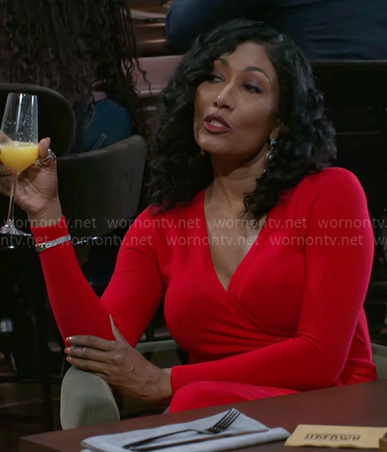 Leslie's red wrap dress on Beyond the Gates
