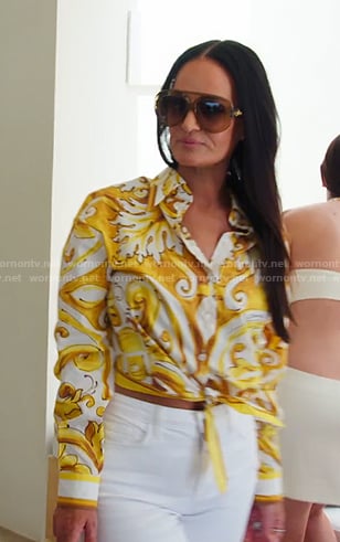 Lisa's yellow print tie front shirt on The Real Housewives of Salt Lake City
