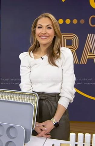 Lori's white asymmetric sweater and leather pants on Good Morning America