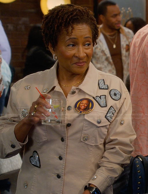 Lucretia's khaki embroidered jacket on The Upshaws