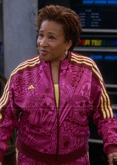 Lucretia's pink floral print jacket and pants on The Upshaws
