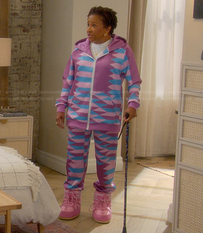 Lucretia's purple abstract print sweatshirt and pants on The Upshaws