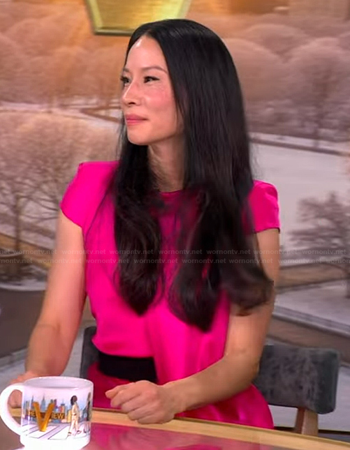 Lucy Liu's pink satin drape dress on The View