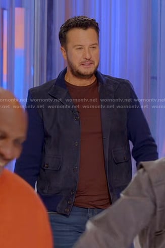 Luke's navy suede jacket with knit sleeves on American Idol