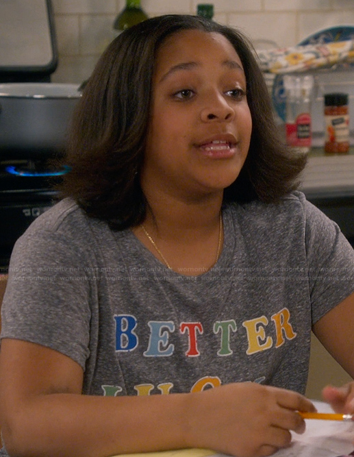 Maya's gray better luck print tee on The Upshaws