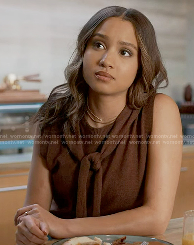 May's brown tie neck sleeveless sweater on 9-1-1