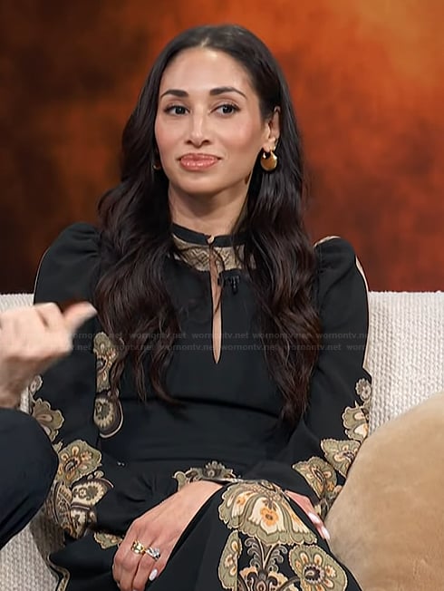 Meaghan Rath's black printed dress on Access Hollywood