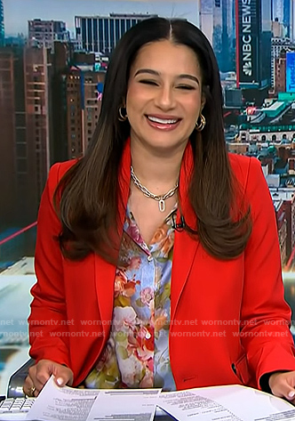 Morgan's blue floral button down blouse on NBC News Daily