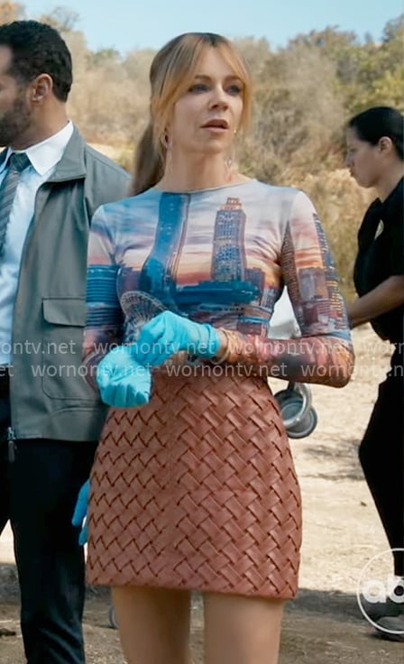 Morgan's city print mesh top and woven brown woven skirt on High Potential
