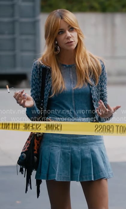 Morgan's denim top, jacket and pleated skirt on High Potential