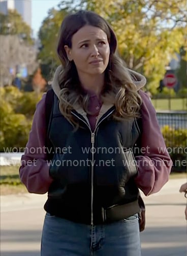 Novak's leather and shearling hooded vest on Chicago Fire