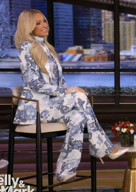 Paris Hilton's blue paisley print blazer and pants on Live with Kelly and Mark