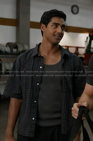 Ravi's navy grid check short sleeve shirt on 9-1-1