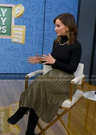 Rebecca's khaki pleated leather skirt on Good Morning America