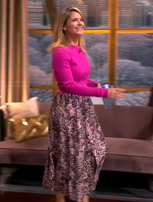 Sara's pink cardigan and floral print skirt on The View