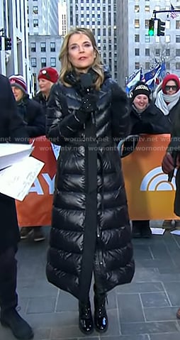 Savannah's black long down coat on Today