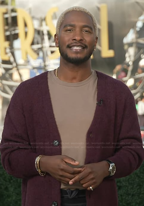 Scott's maroon cardigan on Access Hollywood