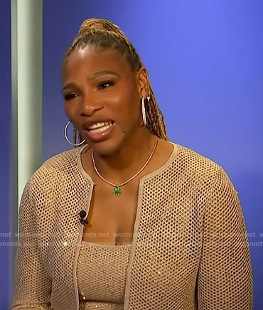 Serena Williams's beige open knit dress and cardigan on Access Hollywood