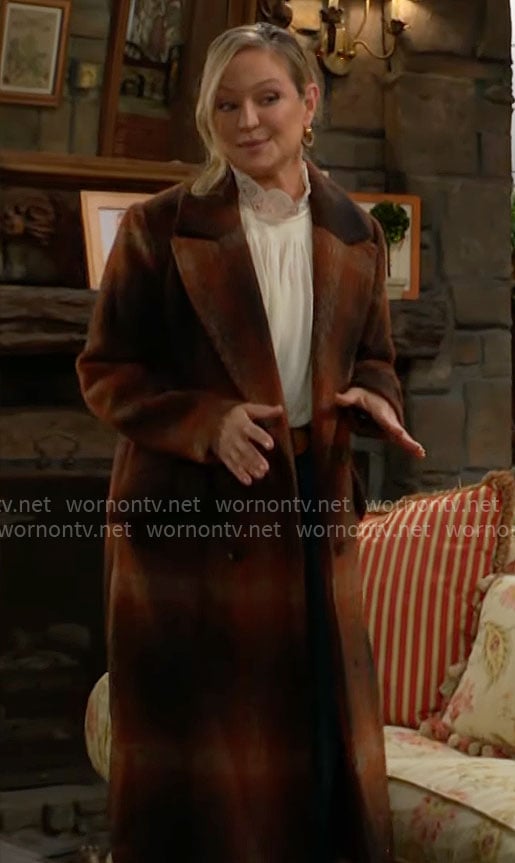 Sharon's long plaid coat on The Young and the Restless